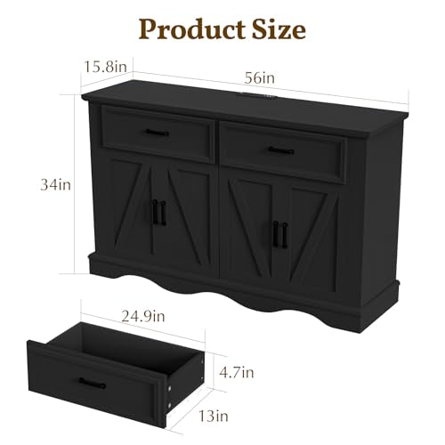 56" Black Modern Farmhouse Sideboard Buffet Cabinet with Charging Station | 4 Doors 2 Drawers, Adjustable Shelves & Soft Close Hinges, Coffee Bar Cabinet for Kitchen Living Room Entryway, Easy Assembly - color: Black, size: 2 drawers and 4 doors