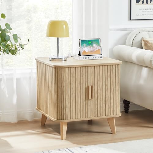 24" Large Square End Table with Charging Station, Farmhouse Fluted Sofa Side Table with Sliding Tambour Door & Storage, Curved Rustic Wood Nightstand for Living Room, Bedroom, Natural - color: Natural