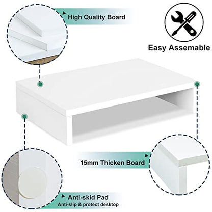 TEAMIX White Monitor Stand Riser for Desk, Small Computer/Laptop Stand Wood | 14.2"L x 9.5"W, Holds 80 lbs, Desktop Organizer Shelf, Ergonomic Morden Design, Easy Assembly, For Home Office, Gaming