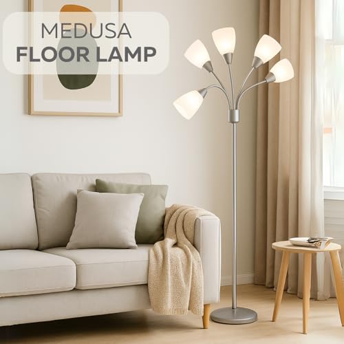 LIGHTACCENTS Medusa 5-Light Floor Lamp – Silver Multi-Head Standing Lamp w/ 5 Adjustable White Acrylic Shades for Bedroom, Living Room, Office, Requires E12 Candelabra-Base LED Bulbs