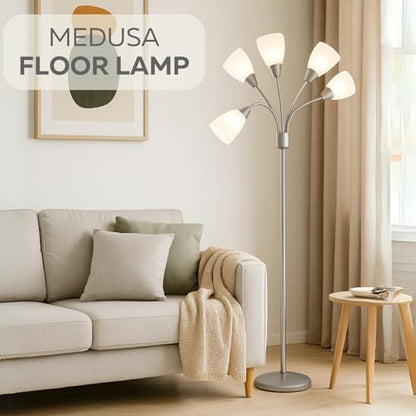 LIGHTACCENTS Medusa 5-Light Floor Lamp – Silver Multi-Head Standing Lamp w/ 5 Adjustable White Acrylic Shades for Bedroom, Living Room, Office, Requires E12 Candelabra-Base LED Bulbs