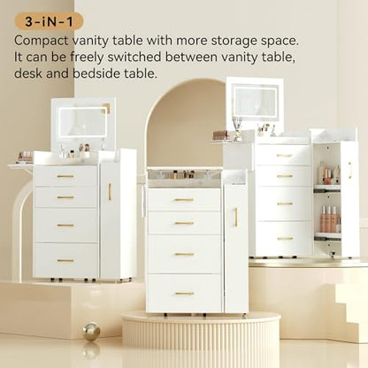 Herture 3 in 1 Vanity Desk with Flip Top Mirror, Comapct Vanity | Small Vanity with Lights,Outlets,Side Cabinet,Collapsible Desk Panel,Storage Hidden Stool,Makeup Vanity Table White PT01DTW - color: White