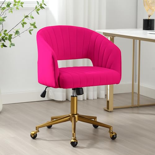 Desk Chair with Wheels, Gold Base, Velvet Accent Vanity Armchair, Hot Pink | Spacious‌ Soft Seat, Swivel Height Adjustable, Rocking Function, Modern Stripe for Girls &Women Bedroom Makeup or Nail - color: Hot Pink Velvet