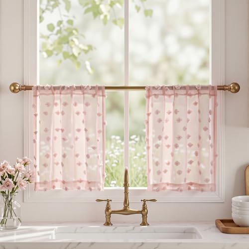 MYSKY HOME Pink Sheer Kitchen Curtains Over Sink 24 inch Length,2 Panels | Light Filtering Semi Sheer with Pom Pom,Short Tier Half Curtains for Cafe Small Window Decor, Rod Pocket,26Wx24L - color: 1-dusty Pink, size: 26"W x 24"L (Pack of 2)