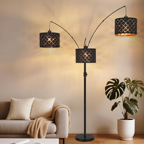 AHDWDW Dimmable Floor Lamp-3 Lights Arc Floor Lamps for Living Room,Modern Tall Standing Lamp with Black Drum Shades,Gothic Mid Century Tree Floor Lamp for Bedroom Corner,3x1000LM LED Bulbs Included - size: B
