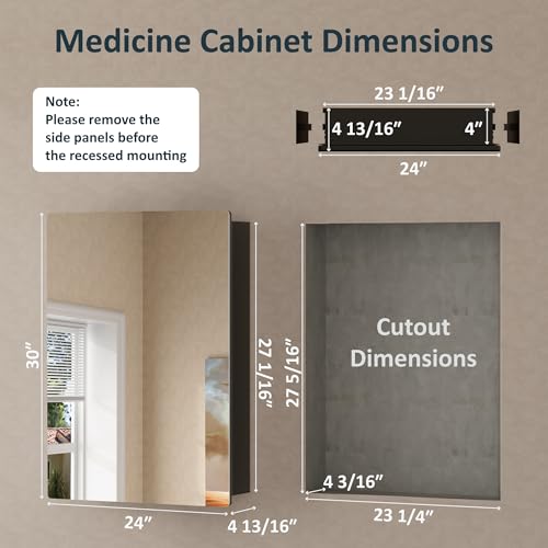 24 x 30 Recessed Medicine Cabinet with Mirror for Bathroom, Black | Wall Mounted Cabinet for Storage, Adjustable Glass Shelves, Soft-close DTC Hinges, HD Reflection, Pre-assembled, Aluminum - color: Black, size: 24x30
