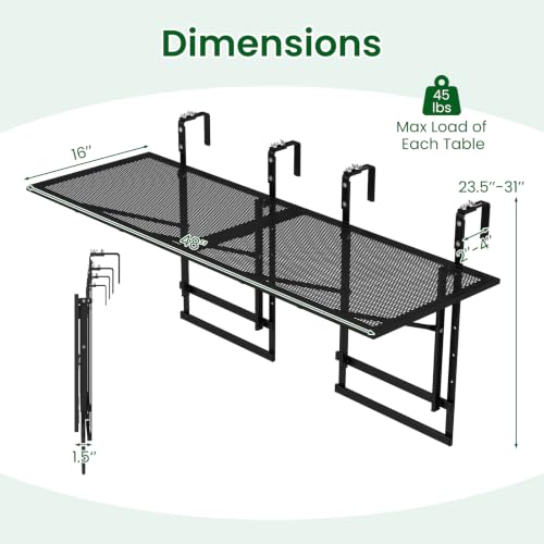 Tangkula Balcony Railing Table, 48" Outdoor Space-Saving Folding Hanging Table with 5-Level Adjustable Height, Metal Frame, Fits Railings Up to 1.5"-3.5" Thick for Patio, Porch, Deck - size: 48" x 16" x 23.5"-31"