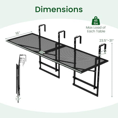 Tangkula Balcony Railing Table, 48" Outdoor Space-Saving Folding Hanging Table with 5-Level Adjustable Height, Metal Frame, Fits Railings Up to 1.5"-3.5" Thick for Patio, Porch, Deck - size: 48" x 16" x 23.5"-31"