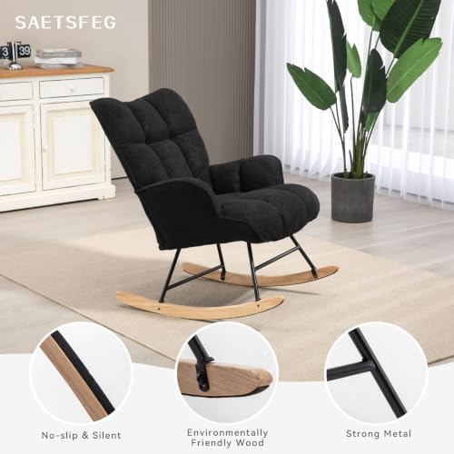 Rocking Chair Nursery Teddy Upholstered Glider Rocker Rocking Accent Chair Padded Seat with High Backrest Armchair Comfy Side Chair for Living Room Bedroom Offices (Black Teddy) - color: Black