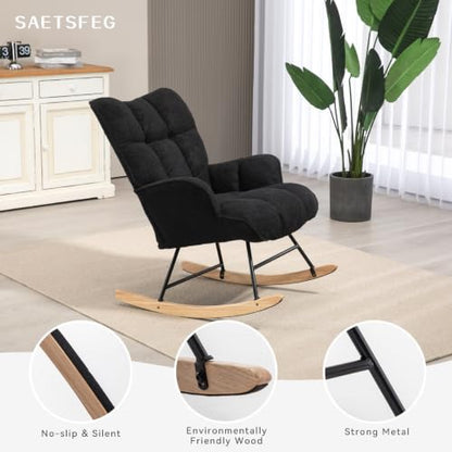 Rocking Chair Nursery Teddy Upholstered Glider Rocker Rocking Accent Chair Padded Seat with High Backrest Armchair Comfy Side Chair for Living Room Bedroom Offices (Black Teddy) - color: Black