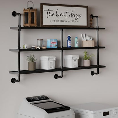 HDDFER Industrial Pipe Shelving Rustic Black Pipe Wall Shelves Industrial Shelves with Wood Planks Floating Shelves 60 Inch Farmhouse Bathroom,Kitchen Shelving Wall Mounted - color: Black, size: 3Tier60in