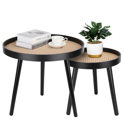 Rattan Round Side Table, Black Small End Table, Accent Table, Modern Boho Bedside Table, Mid-Century Patio Side Table, End Tables for Living Room Bedroom Office Balcony - color: Black-set
