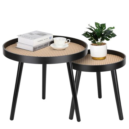 Rattan Round Side Table, Black Small End Table, Accent Table, Modern Boho Bedside Table, Mid-Century Patio Side Table, End Tables for Living Room Bedroom Office Balcony - color: Black-set