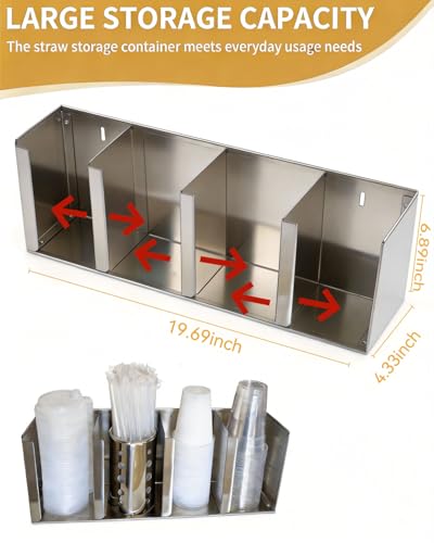 Stainless Steel Cup Dispenser,4 Compartments Cup Holder and Lid Holder with Adjustable Dividers,Cup Organizer for Kitchen Cabinets Cafe Shop Restaurant,Includes Straw Holder - size: 4 Compartments