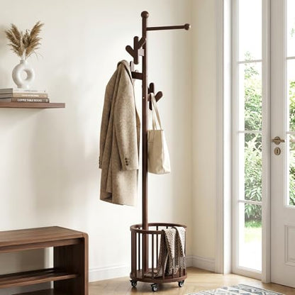 CozyDH Wooden Coat Rack Stand with Umbrella Holder and Wheels, Freestanding Hall Tree Coat Hanger with Multi Hooks, Heavy Duty Coat Tree for Entryway Bedroom Hallway Office, Deep Walnut - color: Dark Walnut, size: Round-15.7D×15.7W×72.8H