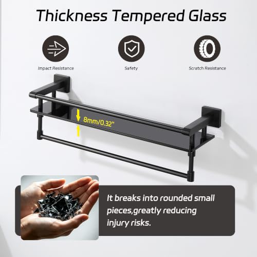 Alise Bathroom Shelf with Towel Bar, 20 Inch Matte Black Glass Shelf | Tempered Glass Bathroom Shelves for Wall Mounted, Modern Glass Shelf with 304 Stainless Steel Railing - color: Matte Black, size: 20 In