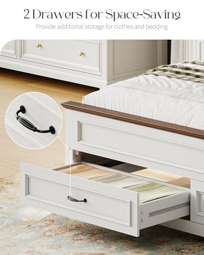 Yoobure Farmhouse Queen Bed Frame - Platform Bed Frame Queen Size with Headboard, Wood Beds with Storage Drawers, Wooden Bedframe with 18" Tall Footboard, No Noise, No Box Spring Needed, White - size: Queen (U.S. Standard)