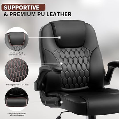 Leather Office Chair Swivel Lumbar Support for Short People Black | Executive Office Chair PU,Leather Office Chair with Wheels,360° Swivel Rolling Chair with Padded Arm,Ergonomic Computer Chair - color: Black
