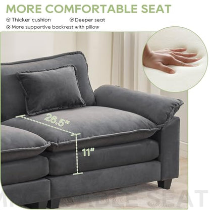 86" Modular Sectional Sofa, Comfy Deep Cloud Couch with Ottoman | L-Shaped Couches for Living Room, Modular Couch, Deep and Wide Seat, Velvet Sofa Sleeper with Throw Pillows, Blue Grey - color: Blue Gray, size: 86 Inch L