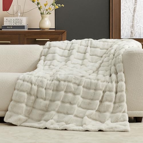 Cozy Bliss Deluxe Sheared Rabbit Faux Fur Throw Blanket, Soft Fuzzy High-Low Sculpted Plush Blanket for Couch, Cozy Home Accent, All Season Use, Beige 50"x60" - color: Stripe - Beige, size: Throw(50" x 60")