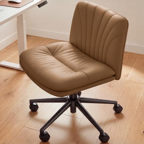 Marsail Armless-Office Desk Chair with Wheels: PU Leather Cross Legged Wide Chair,Comfortable Adjustable Swivel Computer Task Chairs for Home,Office,Make Up,Small Space,Bed Room, Brown - color: Brown