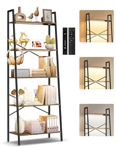 5-Tier Wide Ladder Shelf with LED Lights, Touch & Remote Control, 3 Color Temperatures, Dimmable Tall Corner Standing Bookcase, Metal Wood Display Shelf for Living Room, Bedroom