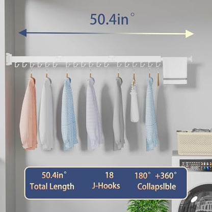 Dr.DJ Clothes Drying Rack for Laundry, Retractable Clothes Hanger Rack Wall Mounted Folding Indoor, Drying Rack, Space Saver Clothes Rack,Collapsible (Tri-Fold) with 18 J-Hooks Laundry Rack White - color: White
