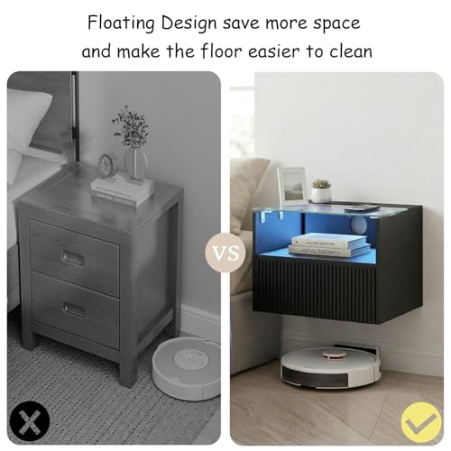 Arbuxzuy Floating Nightstand Set of 2 with Charging Station and Drawer | Black Modern Wall Mounted Bedside Table set owith Open Shelf, Floating Nightstand Made of Minimalist Wood & Glass for Bedrom