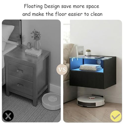 Arbuxzuy Floating Nightstand Set of 2 with Charging Station and Drawer | Black Modern Wall Mounted Bedside Table set owith Open Shelf, Floating Nightstand Made of Minimalist Wood & Glass for Bedrom