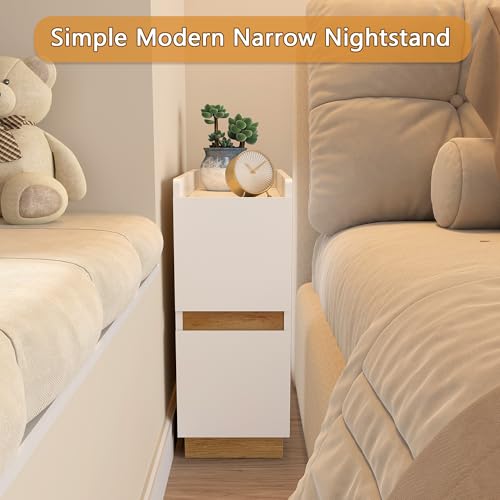 Narrow Night Stands, Modern Slim Nightstand Set of 2, Wooden Skinny Bedside Table 2 Drawers, Stackable Narrow Side Table with Drawers for Small Spaces, Bedroom, Living Room, White - color: White (2pcs)