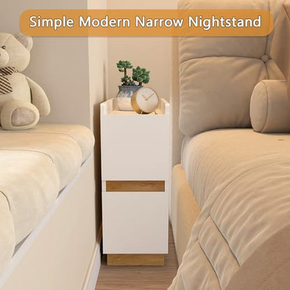 Narrow Night Stands, Modern Slim Nightstand Set of 2, Wooden Skinny Bedside Table 2 Drawers, Stackable Narrow Side Table with Drawers for Small Spaces, Bedroom, Living Room, White - color: White (2pcs)