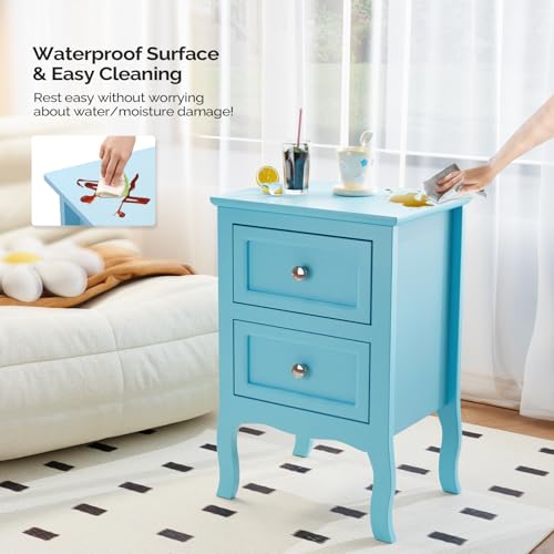 Bonnlo Nightstand Set of 2, Nightstands with 2 Drawers, Blue Nightstand, Bed Side Table/Night Stand, Small Nightstands for Bedroom, Small Spaces, College Dorm, Kids’ Room,Living Room, Wood,16W*12D*24H - color: Blue