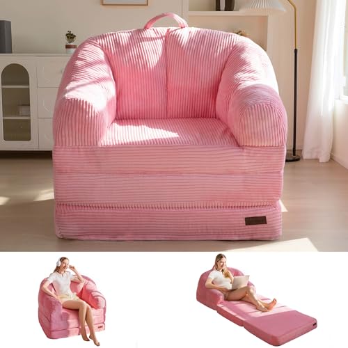 MAXYOYO Folding Sofa Bed with Backrest, Boneless Fold Out Couch with Handle | 2 in 1 Convertible Bean Bag Chair to Floor Sofa Lounger, Comfy Folding Couch for Bedroom & Living Room, Pink, Single - color: Pink, size: Single