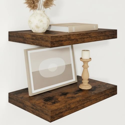 Vivelove Deep Floating Shelves for Wall 16x12” Set of 2, Rustic Brown | Easy Install With Hardware, 2" Thick, Invisible Brackets, Wall Mounted, No Sagging, For Any Room - color: Rustic Brown, size: 16”wx12”dx2”h
