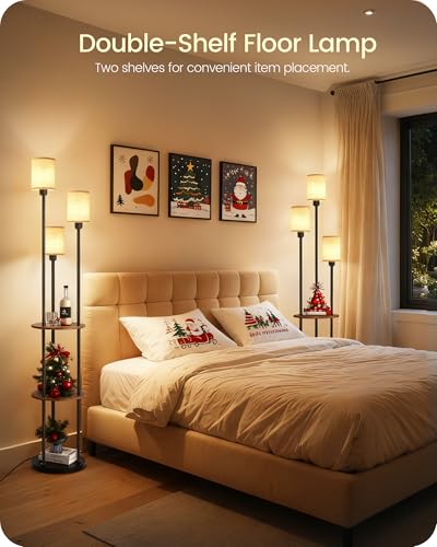 70.9" Floor Lamp with Shelves, Modern Floor Lamp with 3 Linen Shades and Foot Switch, 3-Light Standing Lamp, for Living Room, Bedroom, Study, Office, Rustic Brown and Beige EF53LD05 - color: Rustic Brown + Beige