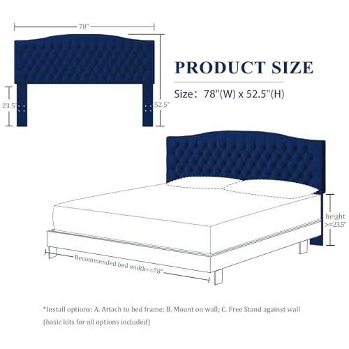 Furpopup Velvet Upholstered Headboard King/Cal King Size Latest Model Wall Mount, Bed Frame Mount, Featuring High-Density Sponge Padding, Luxury Texture Easy Assembly Comfort and Style-Navy Blue - color: Navy Blue-velvet, size: King
