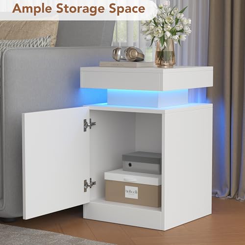 Nightstands Set 2, 15 Inches LED Night Stand Set of 2, Modern Bedside Table with LED Lights, High Gloss Surface, End Table with Storage for Bedroom, White - color: White-15"