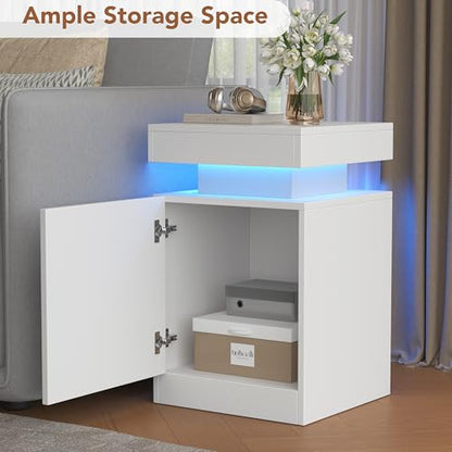 Nightstands Set 2, 15 Inches LED Night Stand Set of 2, Modern Bedside Table with LED Lights, High Gloss Surface, End Table with Storage for Bedroom, White - color: White-15"
