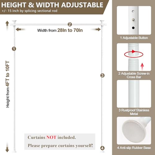 Room Divider, No Drilling Curtain Rod for Room Separation, 4-10ft (H) 28-70inch(W) Adjustable Heavy Duty Floor to Ceiling Partitions, Portable Hanging Wall Dividers Space Separator Window Rods White - color: White, size: 28-70 inch