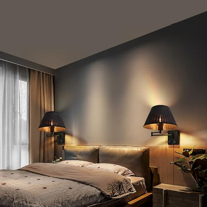 17" Swing Arm Wall Lamp USB & AC Outlet, Dimmable, Black | Adjustable Swing Arm Rotary dimmer sets Plug-in bedside Bedroom Living Room reading - color: Black