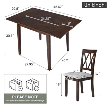 3Pcs Dining Set with Drop Leaf Dining Table and 2 X-Back Chairs, Solid Wood Kitchen Table Set for Small Place, Brown+Grey - color: Brown+grey