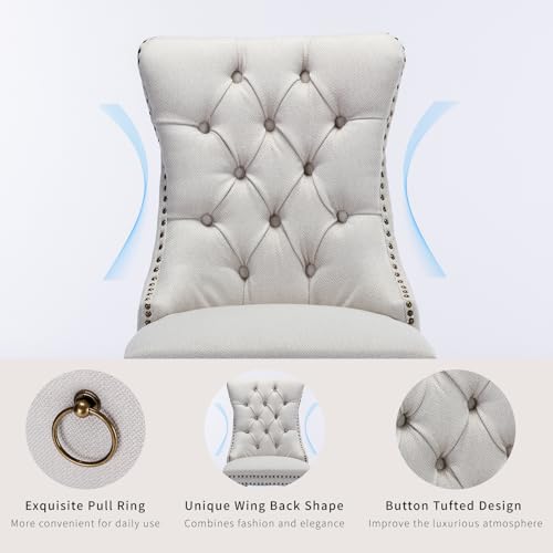 Beige-White Dining Chairs Set of 4, Tufted Kitchen & Dining Room Chairs | Four Fabric Tufted Dinning Chairs, Linen Upholstered, Wing Back, Metal Pull Ring, Wood Frame, Mid Century Modern - color: A-2 Beige Linen, Wood Legs, size: 4
