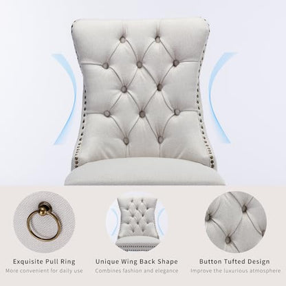 Beige-White Dining Chairs Set of 4, Tufted Kitchen & Dining Room Chairs | Four Fabric Tufted Dinning Chairs, Linen Upholstered, Wing Back, Metal Pull Ring, Wood Frame, Mid Century Modern - color: A-2 Beige Linen, Wood Legs, size: 4