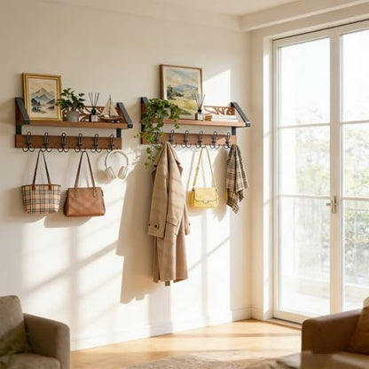 WGFKVAS 2 in 1 Coat Rack Wall Mount with Shelf | 6-Double Hook Wall Hooks with Shelf, Rustic Brown 15" Wood Organizer for Entryway, Living Room, Bedroom, Hallway