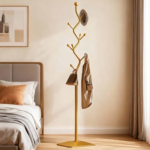 8-Hook Metal Coat Rack Stand, Freestanding Coat Tree | Sturdy anti-tip coat organizer for entryways, bedrooms, dorms, and offices with space-saving storage design. - color: gold