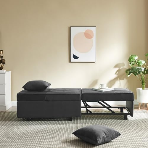 Convertible Sofa Bed 4-in-1 Pull Out Couch, Ottoman Bed Sleeper, Dark Grey | Velvet Love seat Couch Sleeper Chair Bed with USB Ports, 5 Adjustable Backrest and Pillow for Living Room Apartment Office - color: Grey