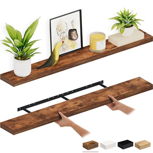 Ballucci Floating Shelves, 55" Wood Wall Shelf Set of 2, with Invisible Brackets for Bathroom, Living Room, Bedroom, Kitchen, Nursery, 6" Deep, Rustic Brown - color: Rustic Brown, size: 55.1 inches