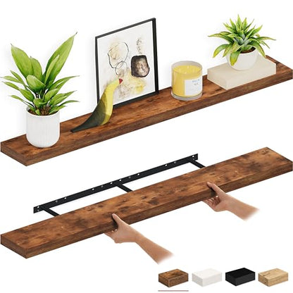 Ballucci Floating Shelves, 55" Wood Wall Shelf Set of 2, with Invisible Brackets for Bathroom, Living Room, Bedroom, Kitchen, Nursery, 6" Deep, Rustic Brown - color: Rustic Brown, size: 55.1 inches
