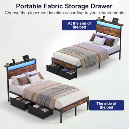 Twin Bed Frame with 2 Drawers and Storage Headboard, Metal Platform with LED Lights and Charging Station, No Box Spring Needed, Noise Free, Easy Assembly