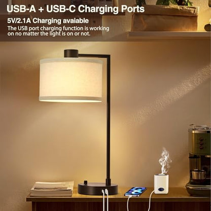 Luvkczc Table Lamp Set of 2, Dimmable Bedside Lamp for Night Stand, USB A+C | Nightstand Lamp with Linen Lampshade, 2 LED Bulbs Included, Desk Lamp for Bedroom, Living Room, End Table, Reading , Office - color: Red Brown